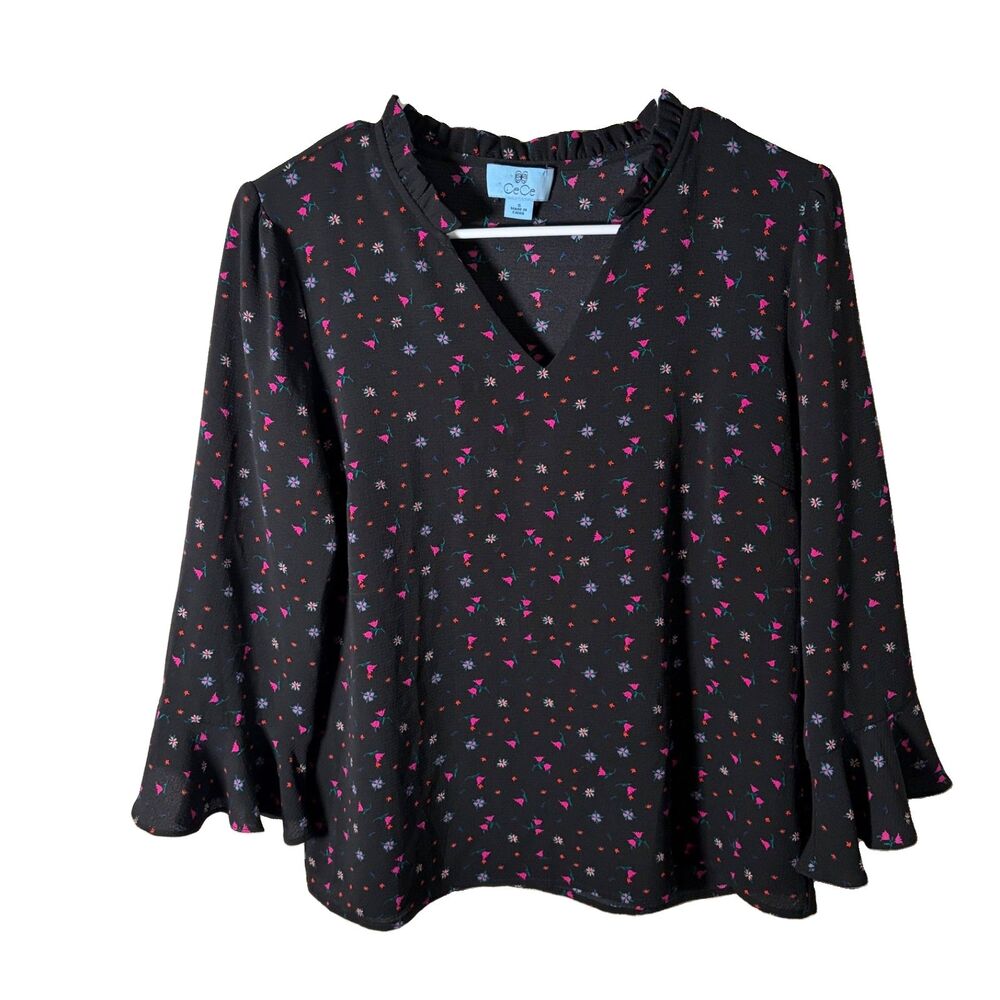 Cece Blouse Women's Small Black Floral 3/4 Sleeve V-Neck Ruffle Top Shirt